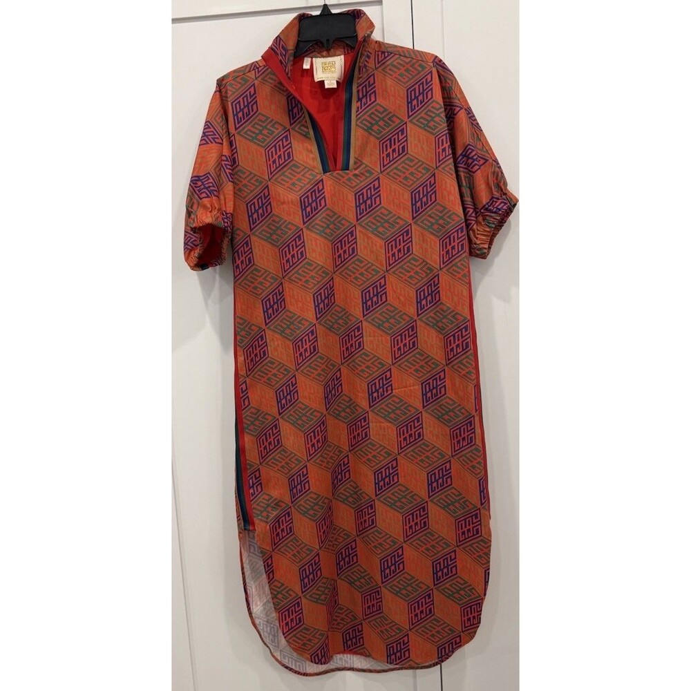 Emily McCarthy Poppy Caftain Dress Vintage Monogram Orange Pink Geometric Small
